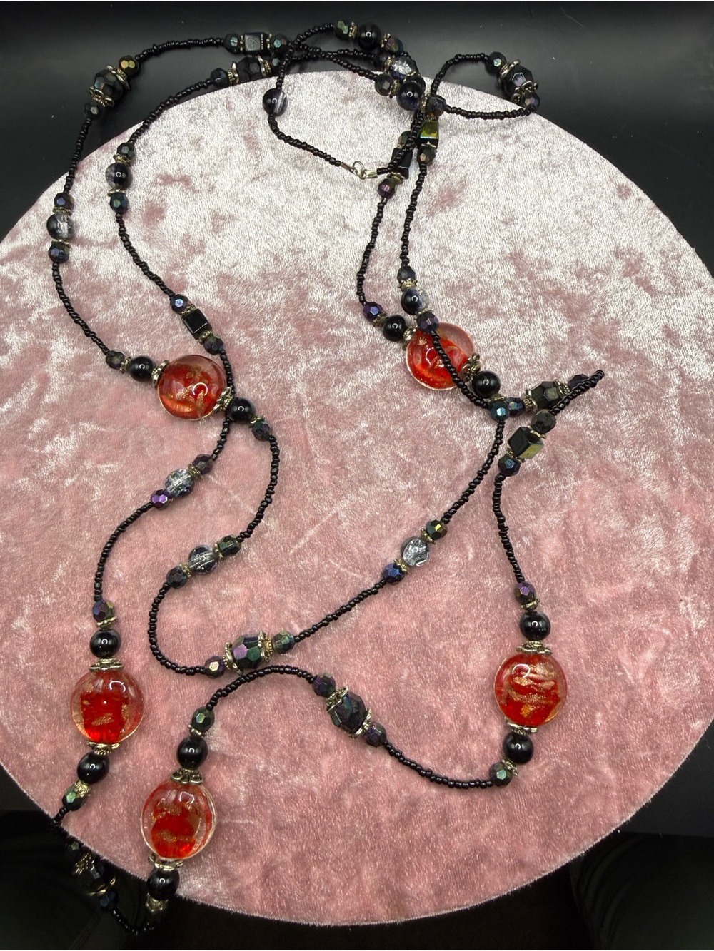 Long Red Orange Art Glass Beaded Layered Statement Necklace